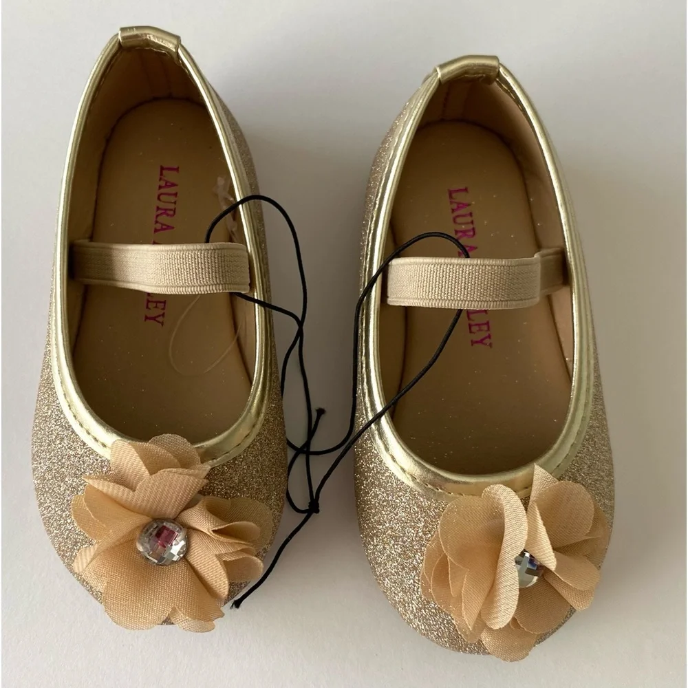 Laura Ashley Flower Dress Shoe Gold Infant 9-12 Months Sparkly Glitter Dressy